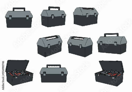 Collection of illustrated gray and black toolboxes in various views, including open cases displaying tools.