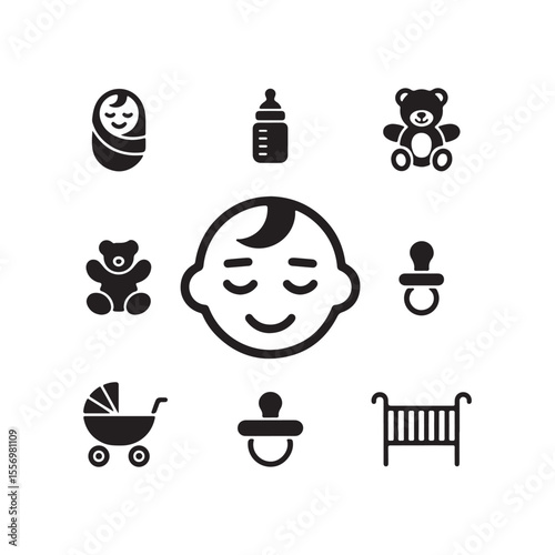 Illustration of baby icons including a baby face, bottle, teddy bear, stroller, and crib in black