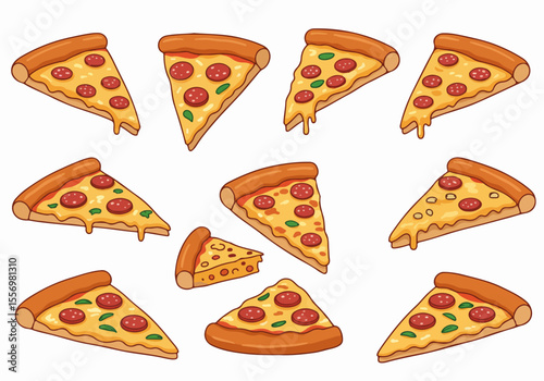 Scattered cartoon pizza slices with pepperoni, cheese, and basil on a white background - Fun food illustration