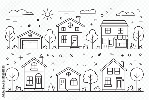 vector line art of suburban houses - minimalist residential neighborhood illustration for real estate and architectural design