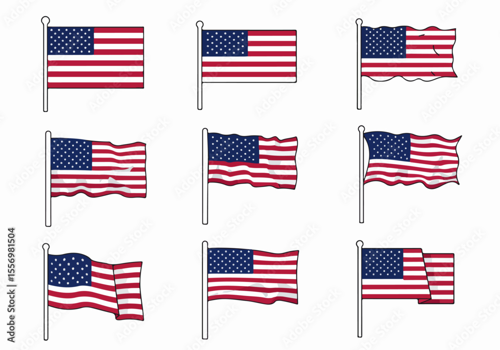 Set of American Flags Illustrations in Different Styles and Waving States on Poles, Symbolizing USA Patriotism and Independence Set of American Flags Illustrations in Different Styles and Waving States on Poles, Symbolizing USA Patriotism and Independence