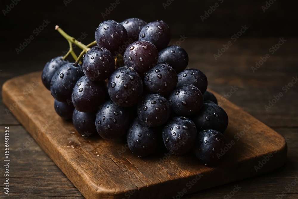 A bunch of grapes sitting on top of a wooden cutting board A bunch of grapes sitting on top of a wooden cutting board