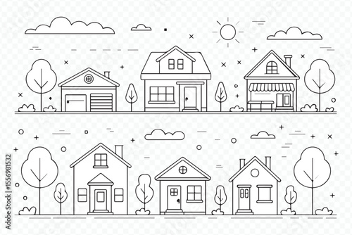 modern residential neighborhood vector line art - suburban houses illustration in clean minimalist style for branding and design