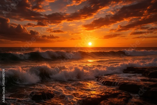 A sunset over the ocean with waves crashing on the rocks