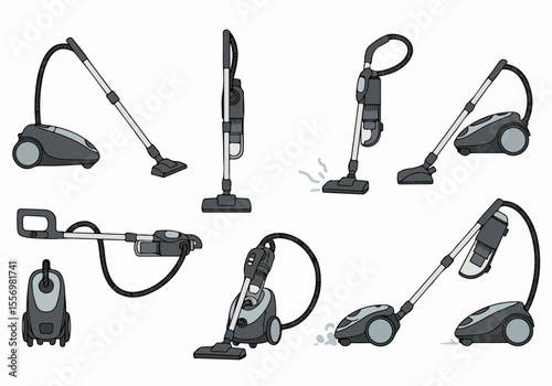 Hand-drawn vector illustration set of various vacuum cleaners, depicting different types and cleaning actions against a white background.