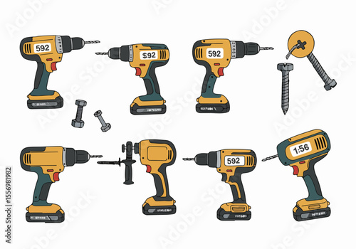 Illustration Set of Various Cordless Drills and Fasteners with Labels
