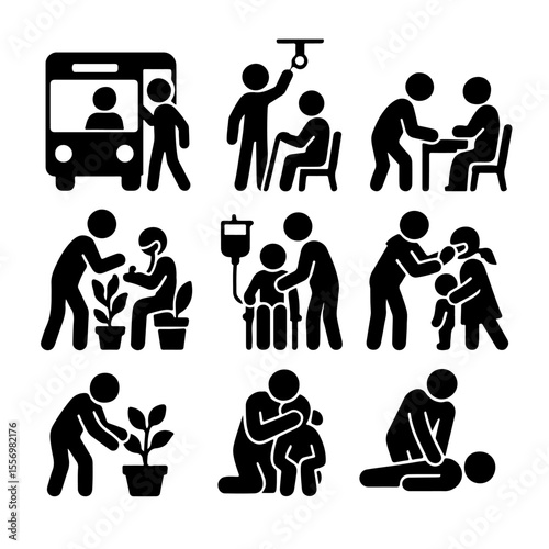 A collection of iconic graphic illustrations depicting scenes of caring, interaction, assistance, and support, ideal for conveying themes of help, compassion, and social responsibility.