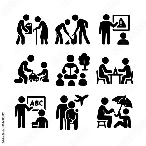 A collage of simple pictogram of various social interaction and support, encompassing care for elderly, children, environment and travel safety.