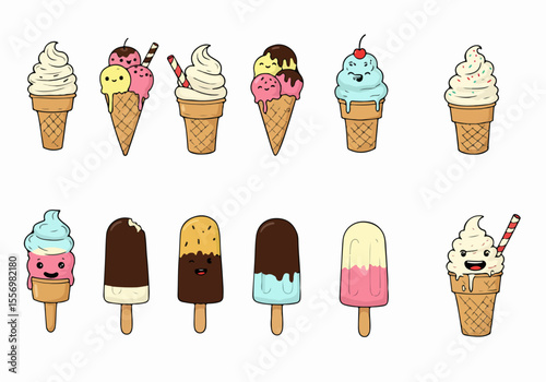 Cute cartoon illustration of various ice cream characters, including cones and popsicles with happy faces on a white background.