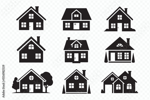set of black and white residential building silhouettes for architectural design, urban planning, and property marketing