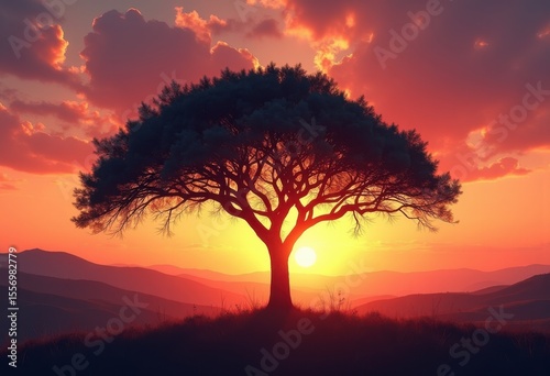 beautiful acacia tree silhouette vibrant sunset sky natural landscape, nature, dusk, branch, view, silhouetted, outdoors, cloud, wilderness, park, flora