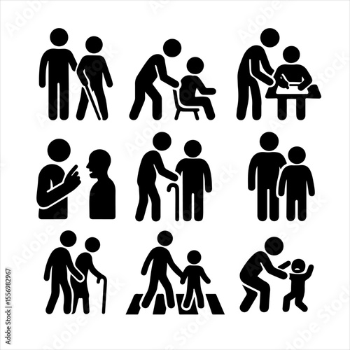 Nine pictograms depicting various forms of assistance and care, including walking aids, seated support, and child supervision.  