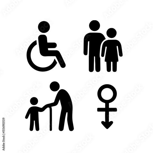 A collection of universal restroom icons with focus on gender identity, inclusivity, disability, and accessibility, emphasizing important symbols for shared facilities.