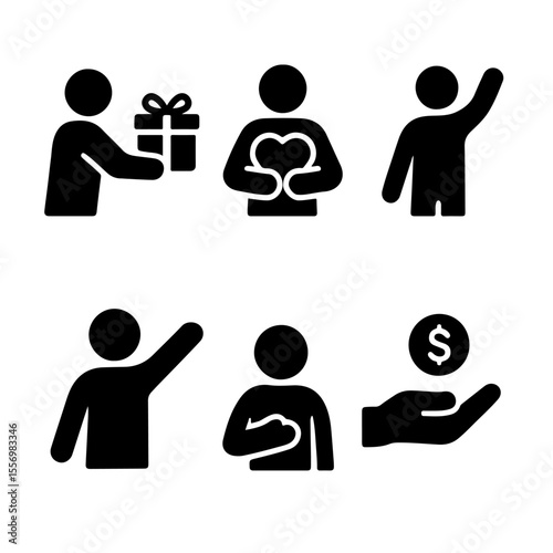 An inspiring illustration featuring icon set with people, embodying the spirit of generosity, help, giving, support and offering resources. The minimalistic yet impactful design.