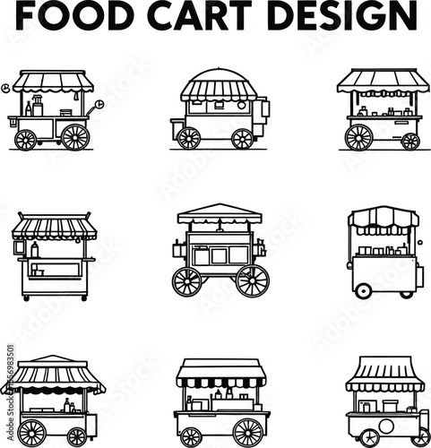 Street Vendor Cart Vector Set – Monochrome Illustrations of Nine Unique Mobile Food Carts with Canopies, Wheels, and Serving Designs