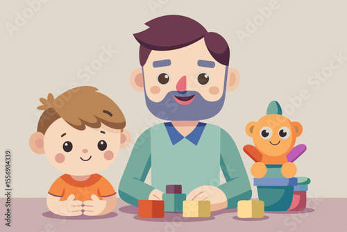 Father and child modeling clay figures with different facial expressions