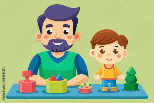Father and child modeling clay figures with different facial expressions