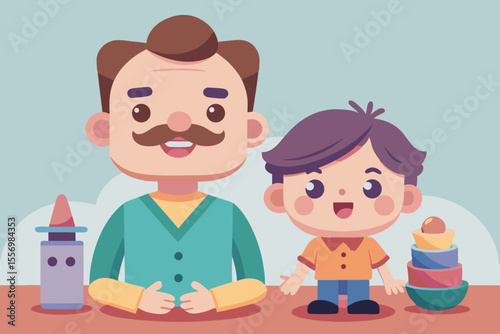 Father and child modeling clay figures with different facial expressions
