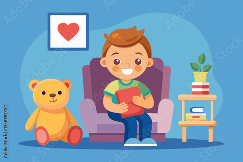 A child with a plush toy holding an emotion flashcard with a heart symbol, sitting in a cozy chair