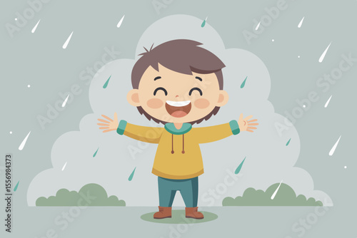Child standing in warm rain with arms outstretched, smiling — learning to accept emotions