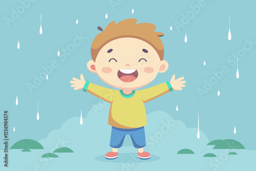 Child standing in warm rain with arms outstretched, smiling — learning to accept emotions