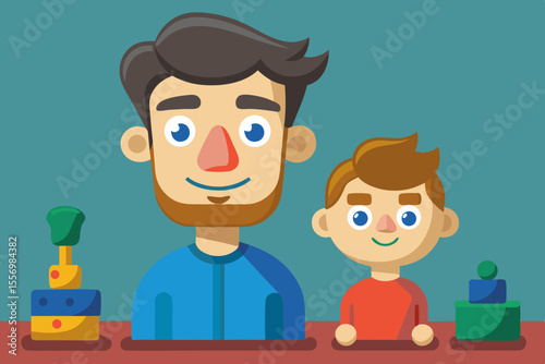 Father and child modeling clay figures with different facial expressions