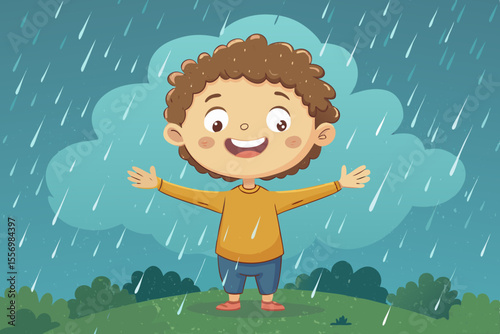 Child standing in warm rain with arms outstretched, smiling — learning to accept emotions