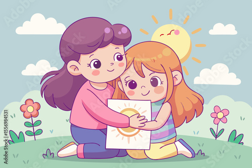 Little girl hugging her sad friend and giving her a drawing of the sun