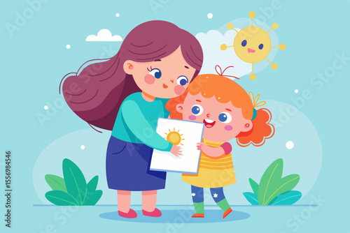 Little girl hugging her sad friend and giving her a drawing of the sun