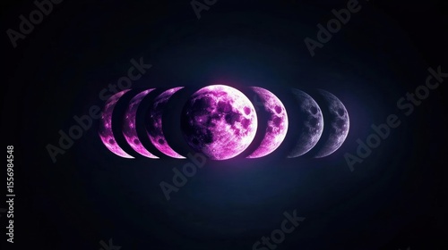 Digital illustration of a full moon in the night sky. the moon is in the center of the image, surrounded by six smaller phases of the moon.