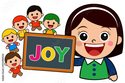 Kindergarten teacher holding a “joy” flashcard and smiling to show children