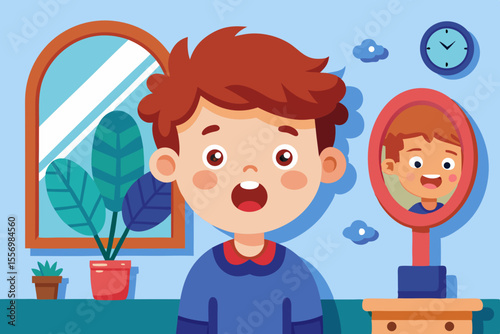 Little boy looking in the mirror and practicing emotions like surprise, fear, joy
