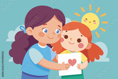 Little girl hugging her sad friend and giving her a drawing of the sun