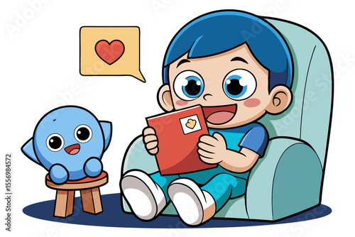 A child with a plush toy holding an emotion flashcard with a heart symbol, sitting in a cozy chair