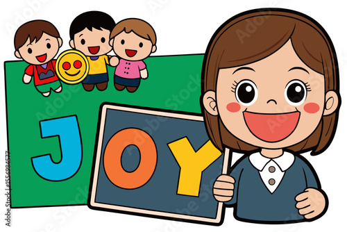 Kindergarten teacher holding a “joy” flashcard and smiling to show children