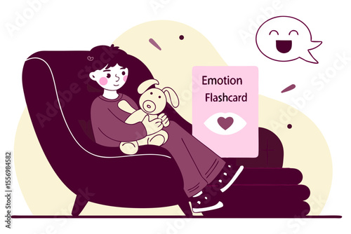 A child with a plush toy holding an emotion flashcard with a heart symbol, sitting in a cozy chair
