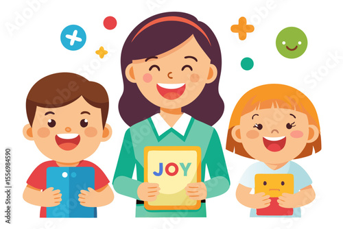 Kindergarten teacher holding a “joy” flashcard and smiling to show children