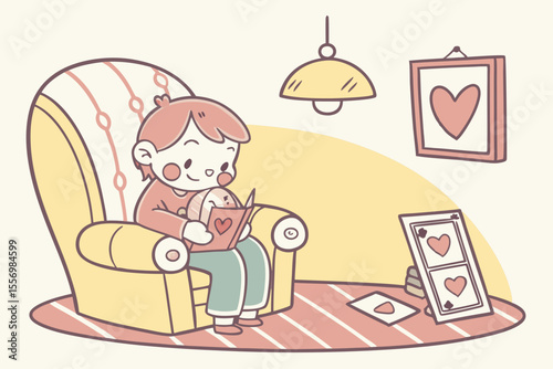 A child with a plush toy holding an emotion flashcard with a heart symbol, sitting in a cozy chair
