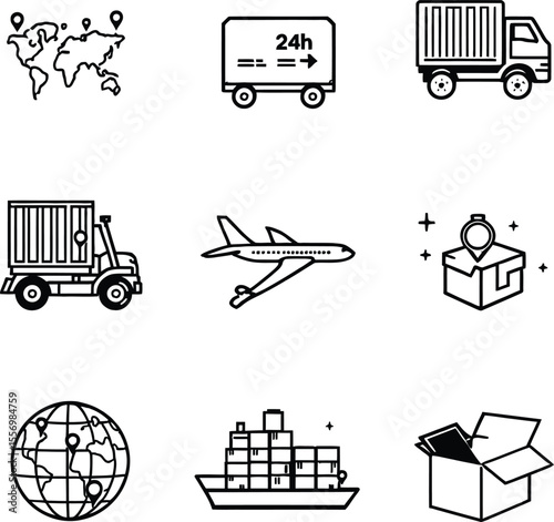 Shipping and Logistics Vector Icon Set – Monochrome Illustrations of Delivery Trucks, Cargo Ships, Airplanes, Tracking, and Global Services