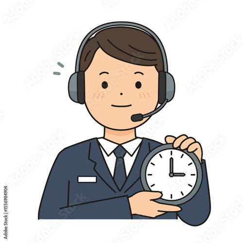 Cartoon of a customer service representative holding a clock at 3 oclock