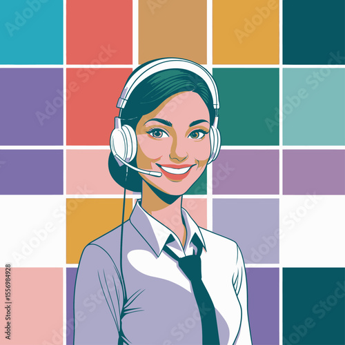 A smiling support worker wearing a headset stands before a colorful block background