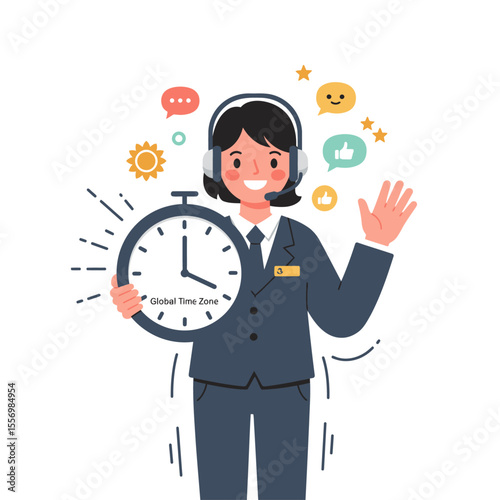 A smiling call center worker holds a clock with communication icons floating around