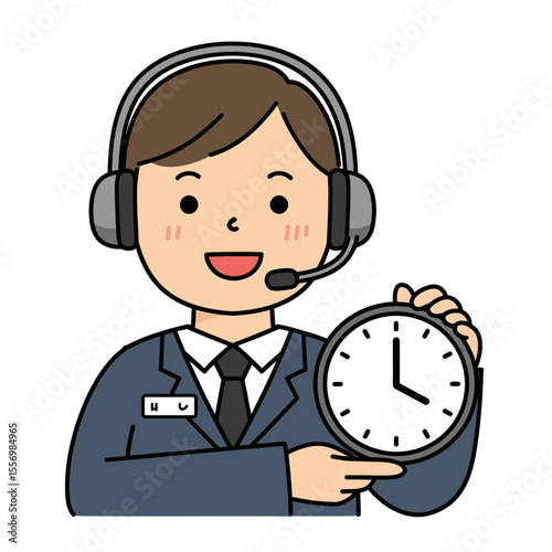 A man in a suit wearing a headset is holding a clock