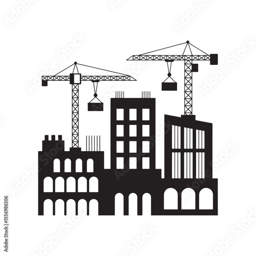 Silhouette of Construction Site with Cranes and Buildings Under Development Urban Development and Construction Progress Industrial Landscape