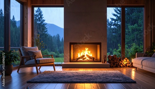 Cozy Living Room With Fireplace On Rainy Evening