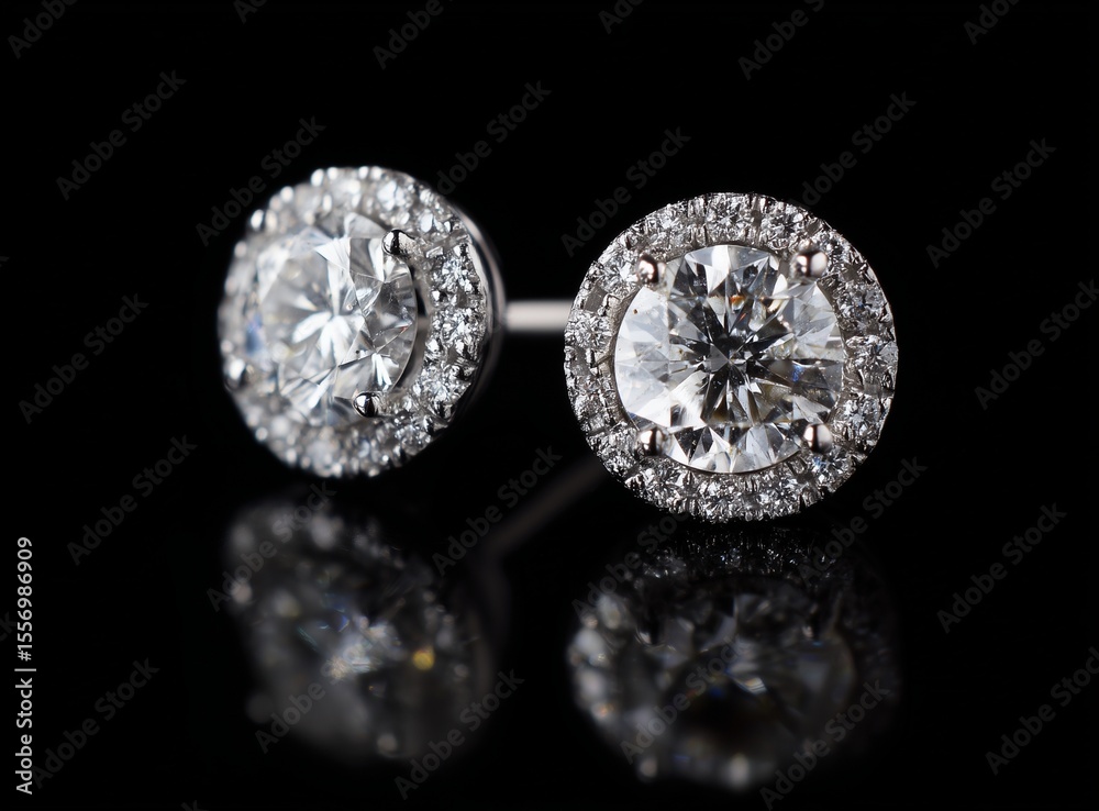 Diamond stud halo earrings with brilliant diamonds, beautifully isolated on a black background to highlight their shine Diamond stud halo earrings with brilliant diamonds, beautifully isolated on a black background to highlight their shine