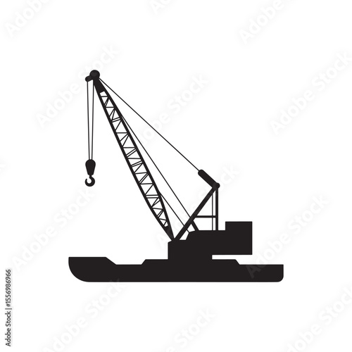 Silhouette of a Barge Crane Black and White Illustration, Ideal for Industrial, Maritime, and Construction Themed Graphics