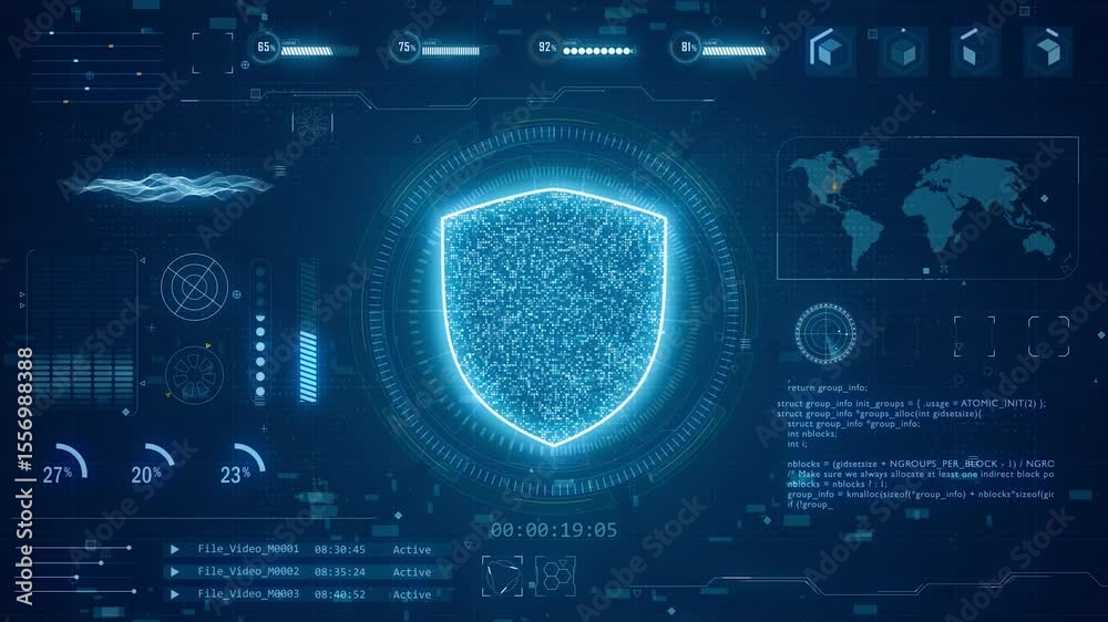 motion graphic of blue security shield with head up display ( hud ) background and futuristic technology abstract background network security concept