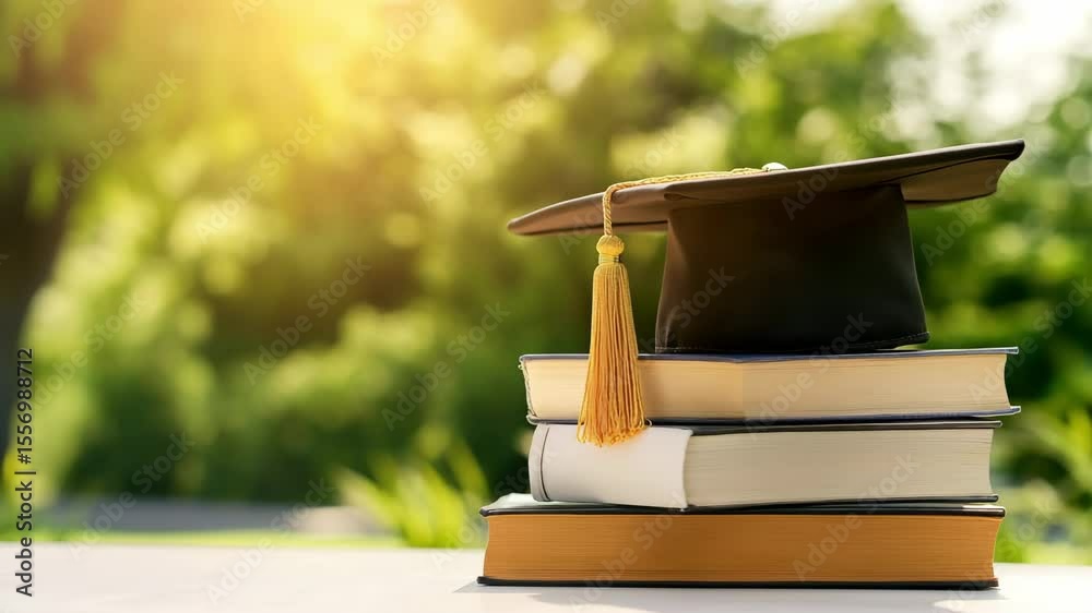Black graduation hat and books on green nature background. Education, school, graduation and knowledge concept