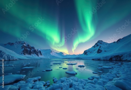 radiant auroras illuminating icy landscape twilight sky glacial wilderness nature serenity scenic vista, snowy, night, glacier, reflection, polar, stars